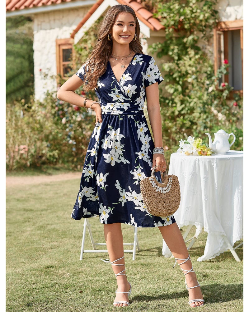 OUGES Casual Spring Summer Dress for Women 2026 Wrap V Neck A Line Midi Party Dresses with Pockets(Florala,3XL) - Image 3
